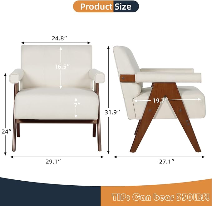 AODAILIHB Mid Century Modern Chairs Set of 2 Beige Linen Fabric Accent Chair Wooden Arms with Soft Bag Living Room Chairs with Thick Cushion Comfy Leisure Waiting Room Chairs Bedroom/Office (2, Beige)