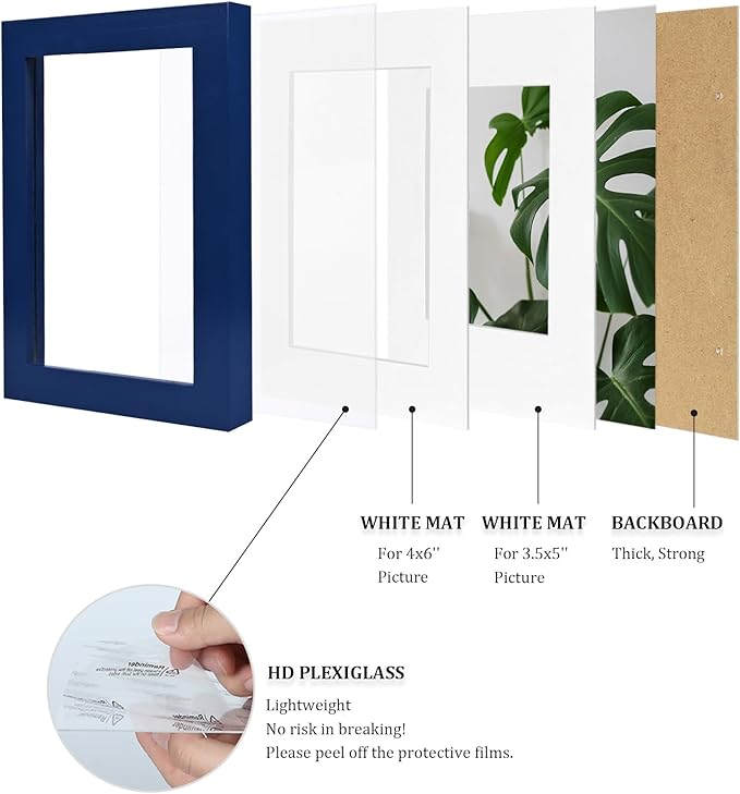 Egofine 4x6 Picture Frame Made of Solid Wood, Covered by Plexiglass Display Pictures 3.5x5 with Mat or 4x6 Without Mat for Table Top Display and Wall Mounting Photo Frame, Navy Blue