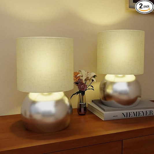Set of 2 Small Silver Spherical Base Bedside Table Lamp with Textured Linen Shade (Bulb Included)