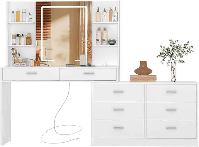 Vanity Makeup Desk with LED Light Mirror & Power Outlet, 8 Drawers, 6 Storage Shelves, 3 Color Modes & Adjustable Brightness Dressing Table, Corner Vanity, L Shape Change, 39.4”Desk, White