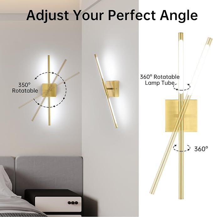 Battery Operated Wall Sconce Set of 2, 8000mAh Wireless Wall Sconces, 3000K-6000K Dimmable, 350°Rotate, Indoor Wall Lights for Bedroom Living Room Bathroom, Gold, 23.6 Inch