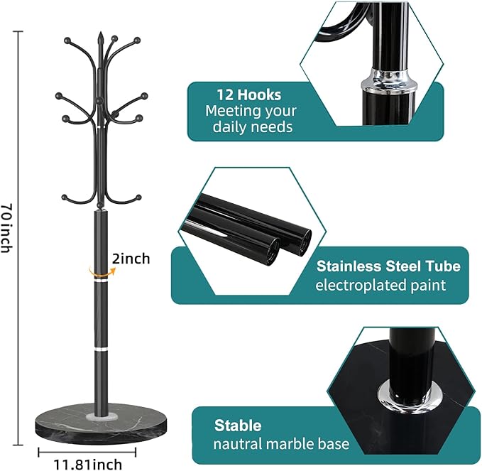 Coat Rack with Natural Marble Base, Metal Modern Coat Racks Freestanding, Coat Rack Stand with 12 Hooks, Coat Tree Hats Hanger Stand for Entryway, Hallway (12 Hooks-Black)