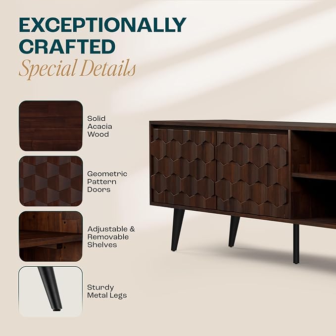 Bme Georgina 65 Inch Solid Wood TV Stand, Under 10 Minutes Assembly Entertainment Center with Storage, Geometric Pattern TV Console for Living Room, Bedroom, Dinning Room - Walnut