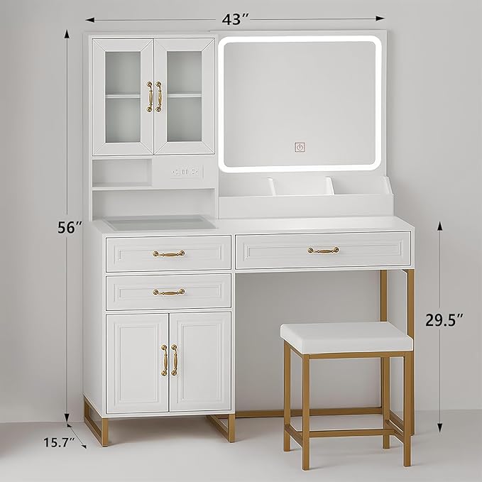 Makeup Vanity Desk with Mirror and Lights - Vanity Table Set with Glass Top Storage Drawer and Bench for Bedroom, in White and Gold