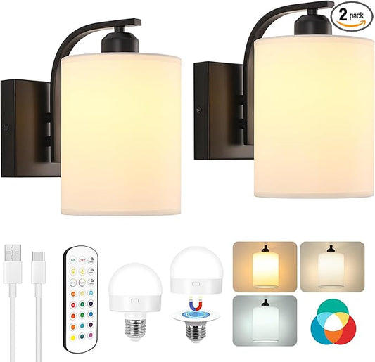 Battery Operated Wall Sconce with Remote Control, Black Rechargeable Wall Lights Set of 2, 15 Colours Wireless Wall Sconce with 3000mAh Dimmable Detachable Bulb for Bedroom, Living Room and Hallway