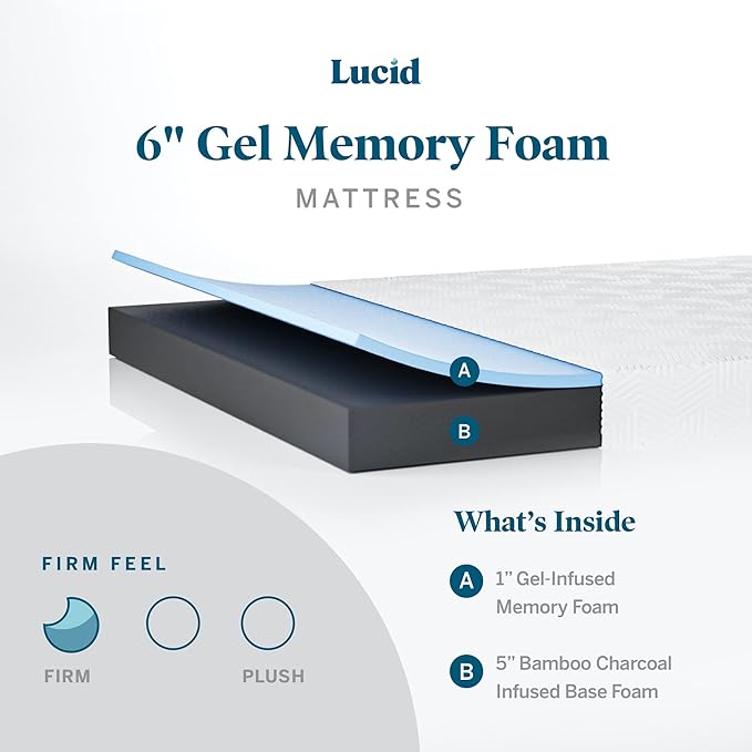 Lucid 6 Inch Memory Foam Mattress - Firm Feel - Gel Infusion - Memory Foam Infused with Bamboo Charcoal - Breathable - CertiPur Certified - Queen