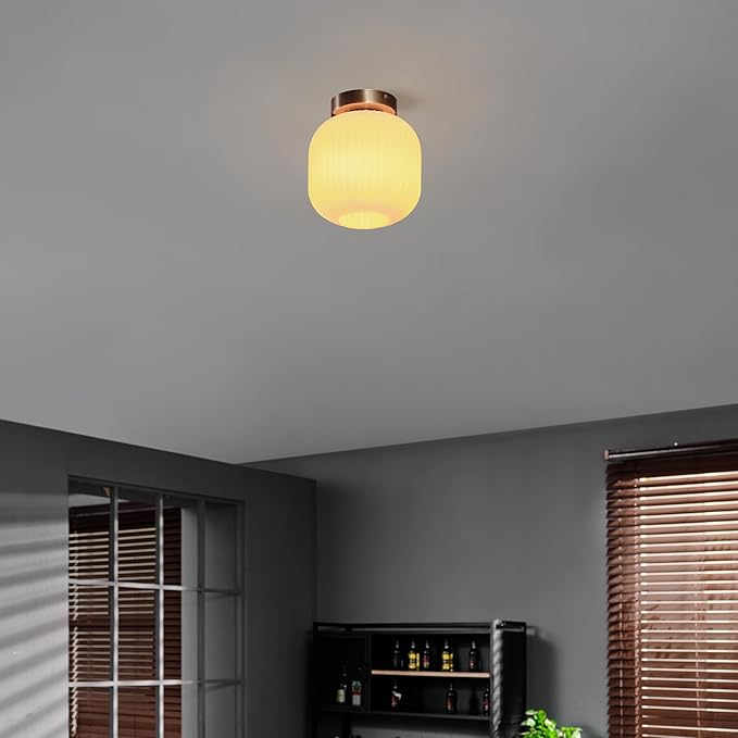 GLOBE Electric 66000079 1-Light Flush Mount Ceiling Fixture, Matte Brass, Frosted Ribbed Glass Shade, Kitchen Island Lighting, Dining Room Fixture, Modern Home Decor for Living Room