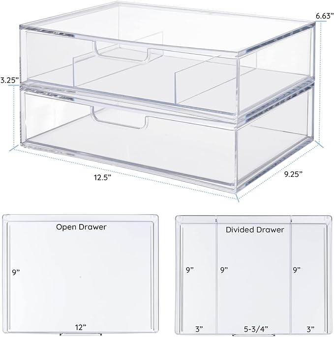 STORi STAX Plastic Stackable Organizer Drawers (Set of 2) Clear | 12.5" Wide | Set Includes One Open Drawer & One Divided Drawer | Organize Office Desk Accessories & Sort Paper | Made in USA