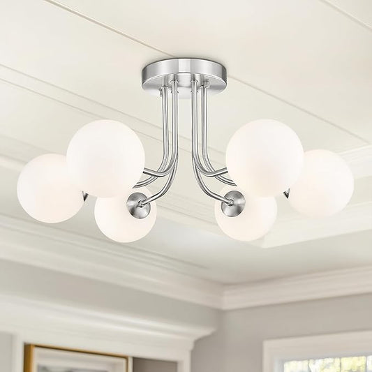 Brushed Nickel Ceiling Light in Modern Farmhouse Design Features 6 Frosted Glass Shades, Ideal for The Living Room, Bedroom, or Dining Room. Model: CKCL4845-6W-BN