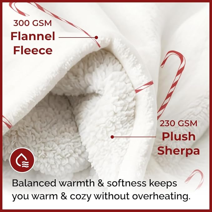 Christmas Sherpa Blanket Throw Size - Reversible Sherpa Fleece Blanket - Super Soft Double Sided Throw for Bed, Sofa, Couch - Thick, Warm, Soft & Plush - Cozy Xmas Winter Bedding - Candy Cane, 50x60