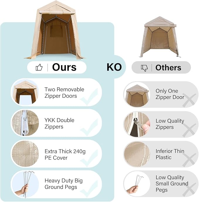 ADVANCE OUTDOOR 6X8 ft Outdoor Portable Storage Shelter Shed with 2 Rolled up Zipper Doors & Vents Carports for Motorcycle Waterproof and UV Resistant Portable Garage Kit Tent, Beige