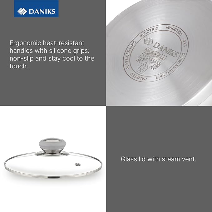 Daniks Modern Stainless Steel Stock Pot with Glass Lid – Induction 4 Quart, Dishwasher Safe, Heatproof Handles, For Soup, Pasta, Stew, Silver