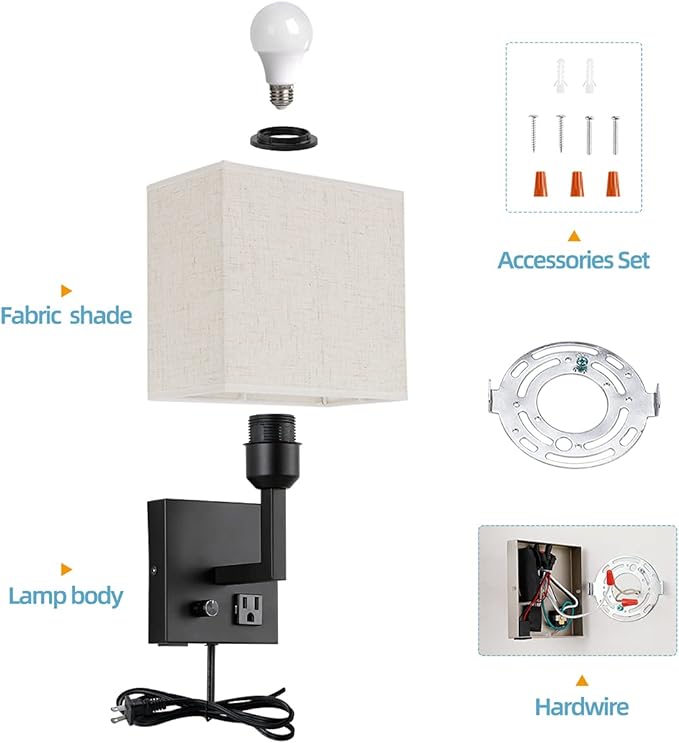 Plug in Wall Sconce, Bedside Wall lamp with Plug and dimmable Switch, with USB Charging Port and Socket, Suitable for Hotel, Corridor, Living Room and Bedroom Wall Light (Black)