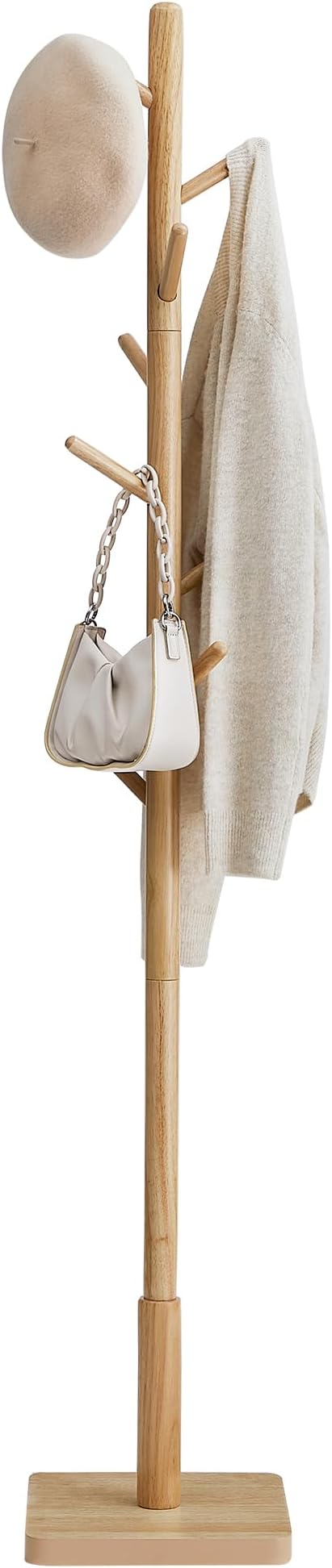 VASAGLE Solid Wood Coat Rack, Free Standing Hall Coat Tree with 8 Hooks, 3 Height Options, for Coats, Hats, Bags, Purses, for Entryway, Hallway, Rubberwood Hooks and Pole, Natural Beige URCR010N01