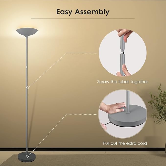 Floor Lamp, Standing Lamp, 20W 2000LM LED Torchiere Floor Lamp, Stepless Dimmable, Touch Control, 3000K Daylight, 50000hrs Lifespan, Floor Lamps for Living Room, Standing Lamps for Bedroom Gray