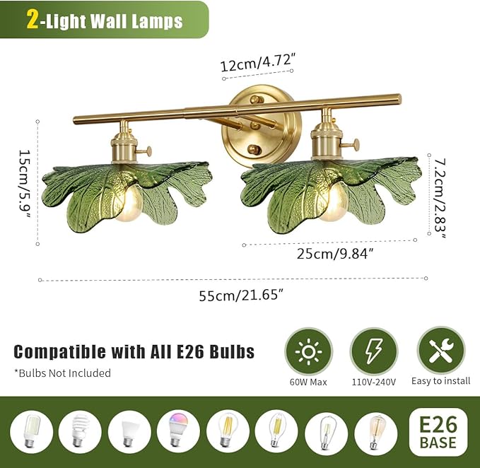 2 Light Bathroom Vanity Lights Over Mirror, Gold Wall sconces with Green Glass Shade Bathroom Sconce mid Century Wall Sconce Light Vintage Wall Lighting Fixture for Bedside Bedroom Doorway