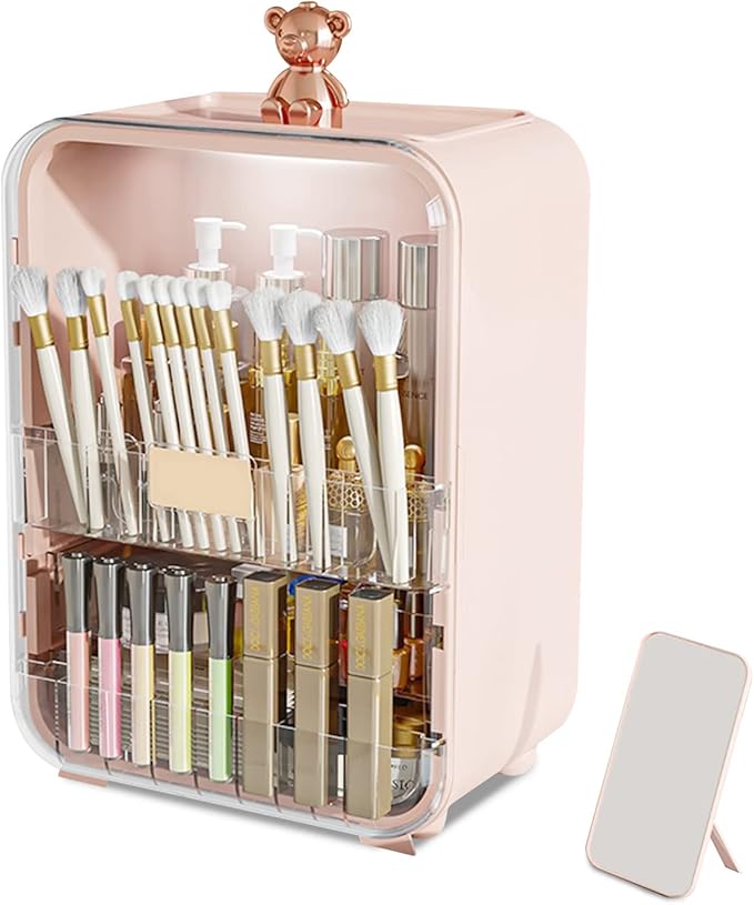 Ergocar Portable Pink Bear Series Multi-Function Make Up Case Dustproof Cosmetic Storage Box, Cosmetics Skin Care Products Jewelry Organizer Case Lipstick Box With LED Light - Pink