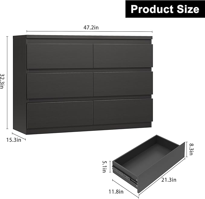 Black 6 Drawer Dresser for Bedroom, 15.3" D x 47.2" W x 32.3" H in Simply Modern Chest of Drawers, Wood Storage Double Dresser with Deep Drawers for Living Room, Hallway Entryway, Black