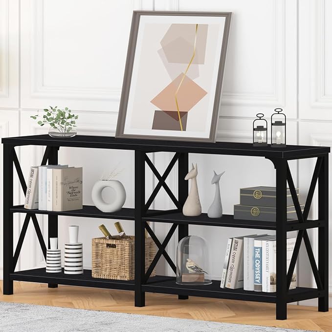 IBF Black Console Table, Modern Industrial Sofa Table with 3 Tier Storage Shelves, Farmhouse Wooden Metal Entryway Table for Living Room, Hallway, or Foyer, Black Oak, 63 Inch