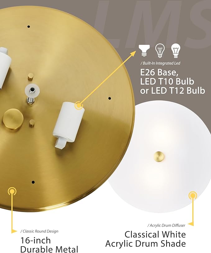 LMS Flush Mount Ceiling Light Fixture, Modern Brushed Gold Bathroom Ceiling Light with Drum Milky White Acrylic Shade, Kitchen, Living Room, LMS-192