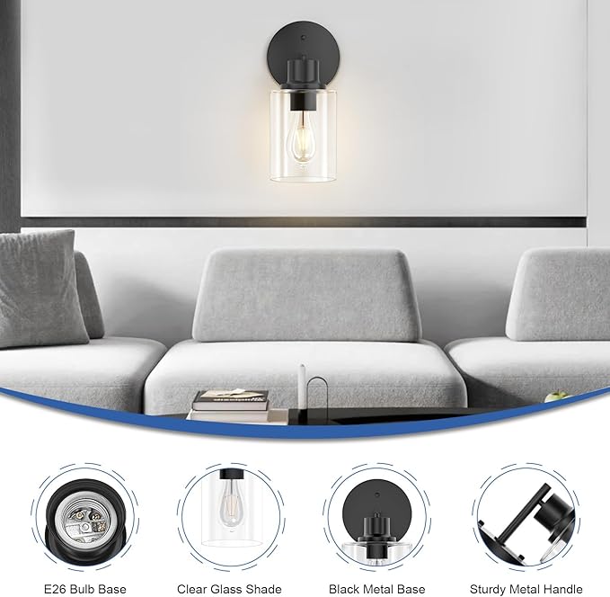 GORDNWE 1-Light Bathroom Wall Sconce, Matte Black Vanity Light, Modern Wall Light Fixture with Clear Glass Shade and E26 Bulb Base, Wall Lamp Wall Mount Light Fixtures for Mirror, Bedroom, Hallway