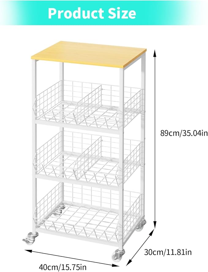 HapiRm Kitchen Fruit Vegetable Cart - 4 Tier Rolling Storage Rack with Wheels and Dividers, Coffee Station Cart Rack Shelf Organizer for Onion, Potato, Snack, Fruit, Vegetable Storage Stand, White