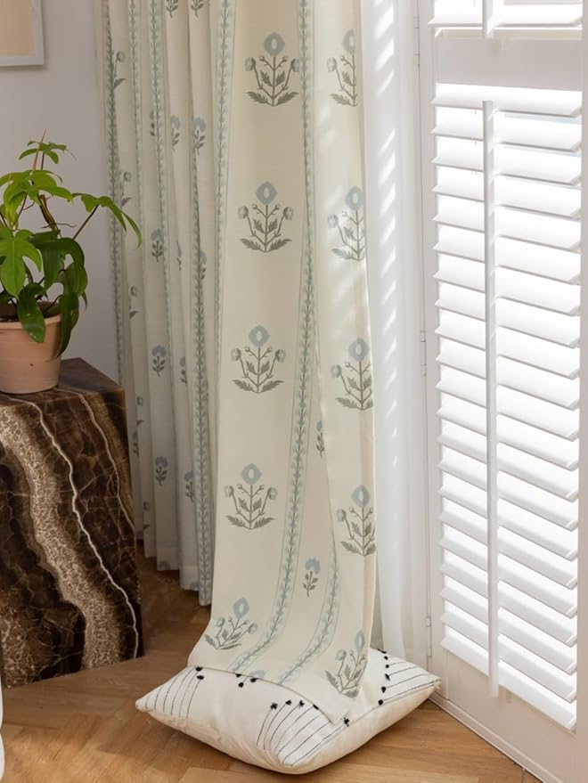 Linen Blend Pinch Pleated Curtains for Living Room, Bedroom, Dining Room - Light Filtering Curtains 2 Panels Set - Luxury and Modern Floral Printed Design - Antique White, 30" W x 96" L