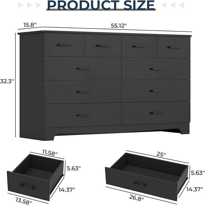 DICTAC Black Dresser for Bedroom with 10 Drawers, Large Chest of Drawers Storage Organizer, Long Dresser TV Stand with Power Outlets, Wide Dressers for Bedroom, Living Room 55.1" W x 32.3" H x 15.8" D