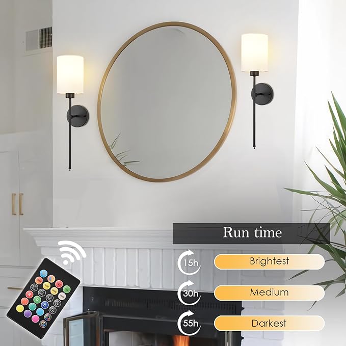 Battery Operated Wall Sconces Set of Two,Wireless Rechargeable Wall Light With Remote Control, Dimmable, 1800K/3000K/4000K/6000K/RGB, Timer, for Living Room, Bedroom, Fireplace, TV, 23.6 Inch Black