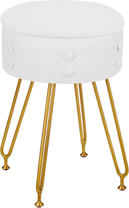 VECELO Round Vevlet Vanity Stool with Storage, 4 Metal Legs Vanity Seat with Anti-Slip Feet, Modern Vanity Chairs Footrest Furry Padded Seat, Space Saving, Easy to Clean for Makeup, Bedroom, White