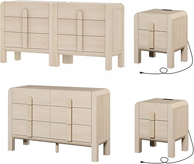 WAMPAT 5 Piece Dresser and Nightstand Sets for Bedroom, Modern 47.2" Wide 6 Drawer Chest & 3 Drawer Dresser Set of 2, and Nightstand Set of 2 with Charging Station for Bedroom, Living Room, Light Oak
