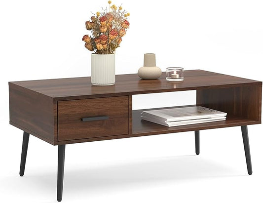 HAIOOU Coffee Table, Mid Century Modern Center Table for Living Room with Storage, Walnut Tea Table with Drawer, Open Storage Shelf, Floor-Anti-Scratching Pine Leg for Home, Office(Dark Brown)