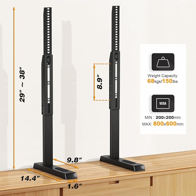 5Rcom Universal TV Stand, Large TV Legs for 37-86 Inch Flat Curved TVs with Cable Management, 6 Height Adjustment Table Top TV Mount Stand Up to 150lbs, Black