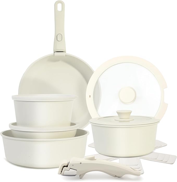 LABOR DAY SALE - Cuisinluv 15-Piece Ceramic Nonstick Pots and Pans Set – Kitchen Cookware with Detachable Handle, RV Camping Cookware Set – Oven & Dishwasher Safe, PFOA-Free – Cream White