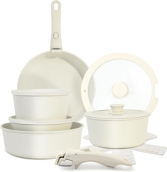 LABOR DAY SALE - Cuisinluv 15-Piece Ceramic Nonstick Pots and Pans Set – Kitchen Cookware with Detachable Handle, RV Camping Cookware Set – Oven & Dishwasher Safe, PFOA-Free – Cream White