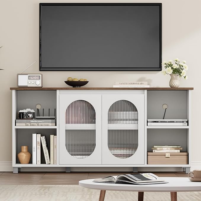 71" Modern Farmhouse TV Stand - Corrugated Glass Door Media Console with 3 Open Shelves, 15" D x 29" H Entertainment Center (White & Dark Brown)