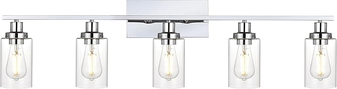MELUCEE Modern Vanity Lights for Bathroom 5 Lights Chrome Finish with Clear Glass Shade, Contemporary Metal Wall Light Fixtures for Dressing Table Mirror Cabinets (Patent No.: US D963914 S)