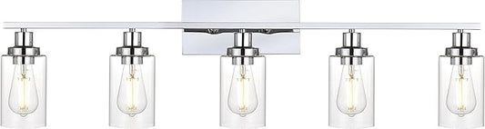 MELUCEE Modern Vanity Lights for Bathroom 5 Lights Chrome Finish with Clear Glass Shade, Contemporary Metal Wall Light Fixtures for Dressing Table Mirror Cabinets (Patent No.: US D963914 S)