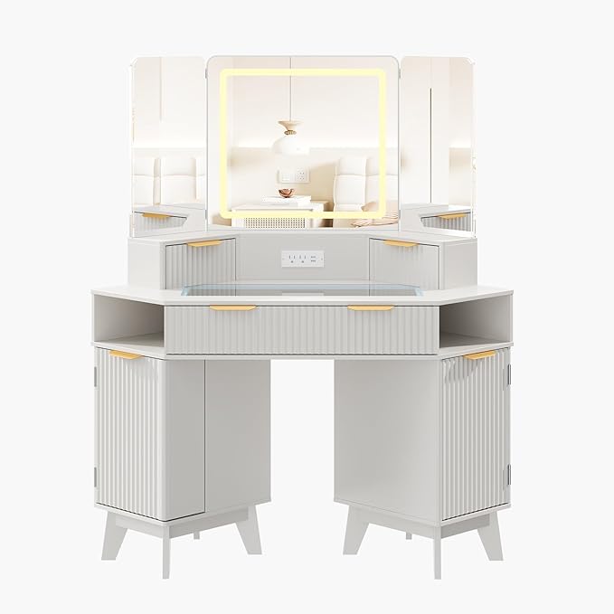 48 Inch Fluted Makeup Vanity Desk with Mirror and Lights, Modern Corner Makeup Vanity with Glass Top, Charging Outlet & 3-Panel Lighted Mirror, Dressing Table for Bedroom