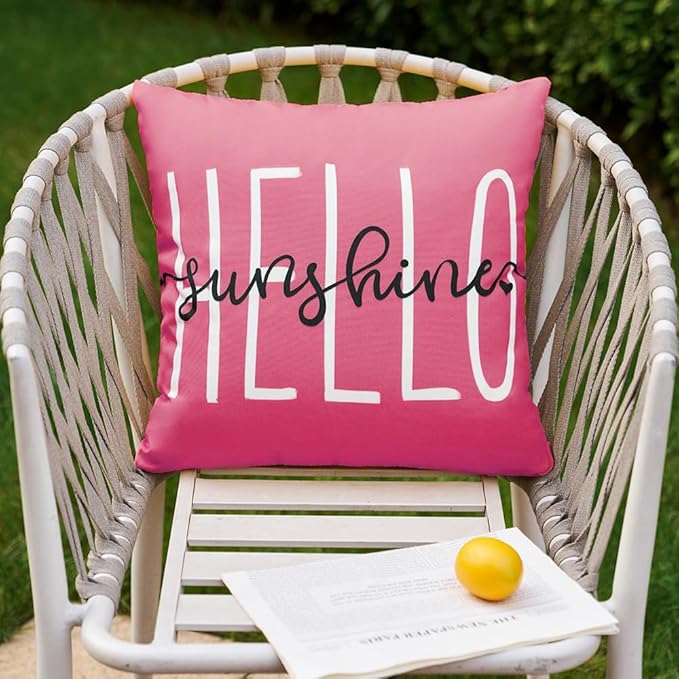 DFXSZ Outdoor Pillow Covers 16x16 Inch Set of 2 Hello Sunshine Decor Hot Pink Waterproof Throw Pillow Covers Summer Outdoor Waterproof Pillow Covers Decor for Patio Funiture Garden Sofa Couch 020H16