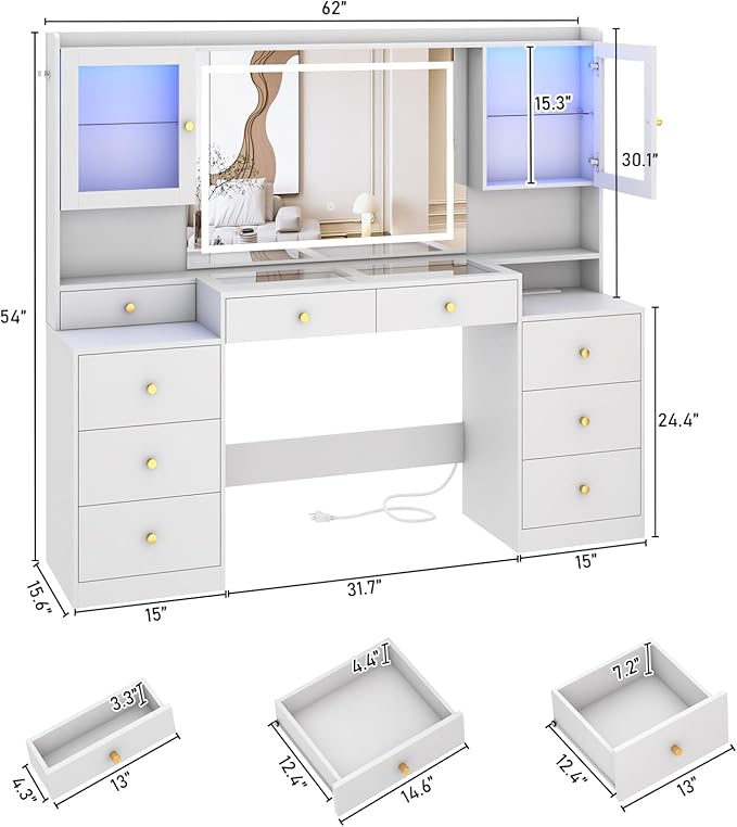 62" Large White Vanity Desk w/ Tempered Glass Top,60000-color LED Lights,Power Outlet, Make up Vanity w/ 3 Lights Mode LED Mirror,9 Drawers,2 RGB Cabinet LEDs Vanitys Table for Women,Girls