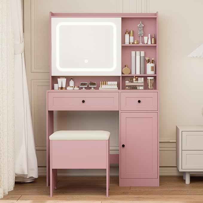 Vanity Table with Hidden Storage & LED Mirror - Includes Padded Stool, 5 Compartments, 2 Drawers & 1 Storage Cabinet - Ideal Bedroom Makeup Dressing Table Pink