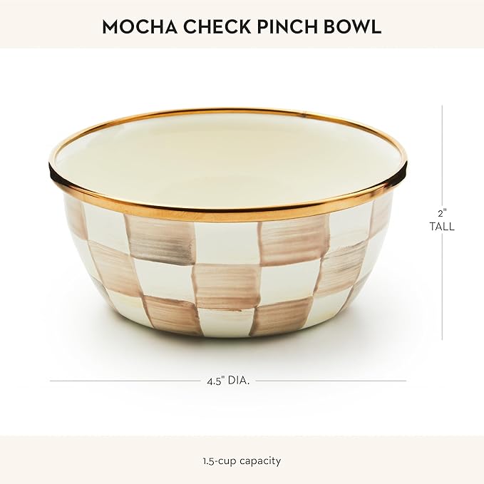 MACKENZIE-CHILDS Enamel Pinch Bowl, Small Bowl for Kitchen Ingredients, 1.5-Cup Capacity, Brown-and-White Mocha Check