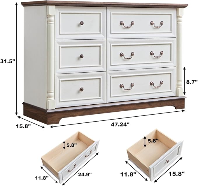Farmhouse 6 Drawer Dresser with Roman Column Design, 47" Wide Wood Chest of Drawers for Bedroom, Living Room, Antique White
