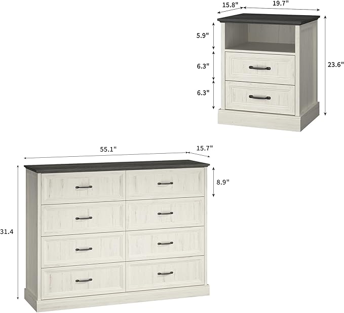 Farmhouse Dresser and Nightstand Sets 3 Piece, Nightstands Set of 2 & 8 Drawers Dresser for Bedroom, 55" Wide and 24" Inch Night Stand Set for Bedroom, Living Room, Hallway, White