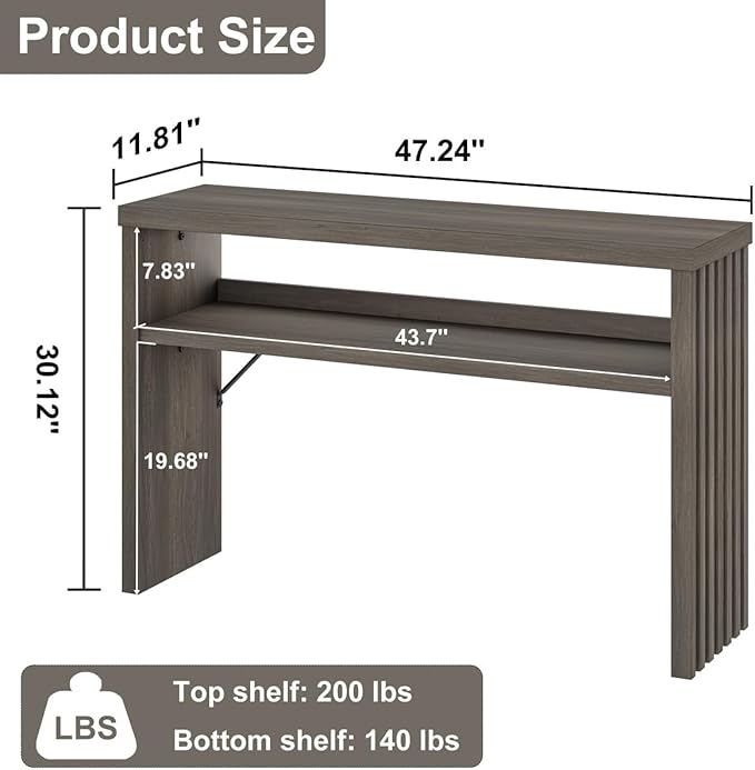 BON AUGURE Sofa Console Table, Wood Entryway Table, Grey Behind Couch Tables with Open Storage, Modern Narrow Hallway Tables (Greige Oak, 47 Inches)