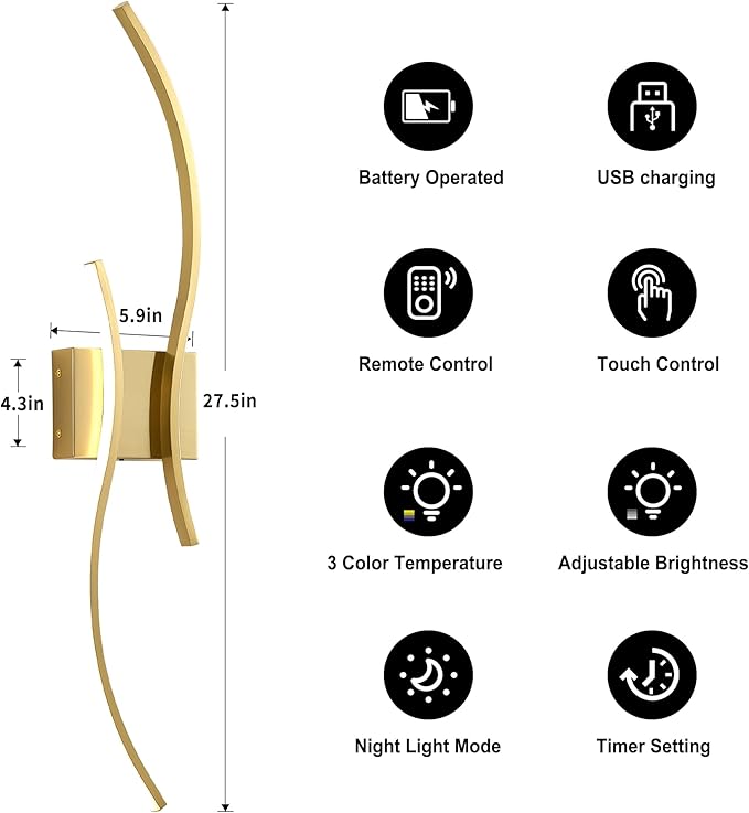 Battery Operated Wall Sconces Set of Two with Remote Control, Stepless Colors 3000K-6000K & Dimming, LED Brass Wireless Wall Light for Living Room, Hallway, Bedroom, 27.5 Inch (2 Pack)