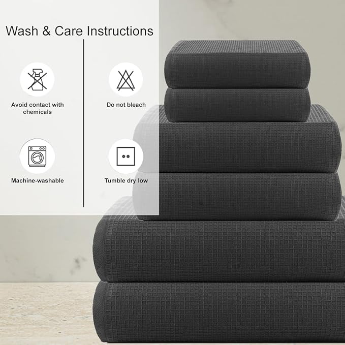 CASA COPENHAGEN Waffle Terry Towel 6Pcs Set, Cotton Extra Large Luxurious- Pine Grey, 2Bath Sheets XL- 35 x 70 Inch, 2Large Hand Towels- 20 x 31Inch, 2Large Washcloths- 16 x 16 Inch