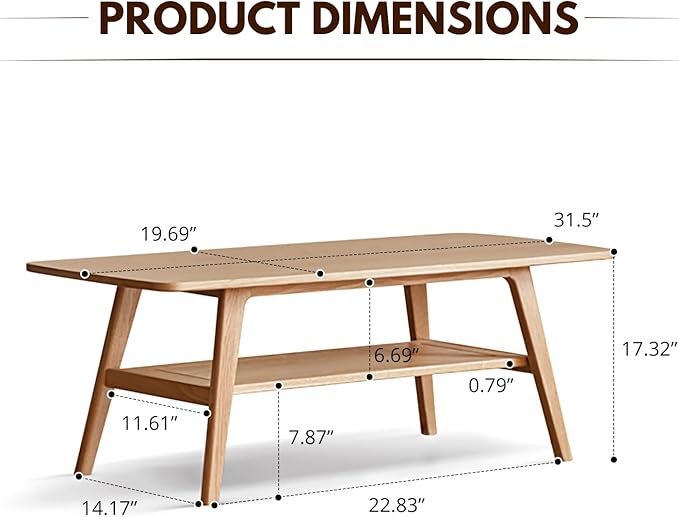 Wood Coffee Table - 2-Tier Oak Coffee Table - Modern Center Coffee Table with Storage Shelf for Living Room, Apartment, and Office