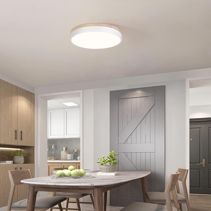 Modern Dimmable LED Close to Ceiling Light Minimalist Wood Oak Flush Mount Ceiling Light Fixture Circle Lighting with Lampshade for Bedroom Living Room Bathroom Laundry Room (White, 15.7'')